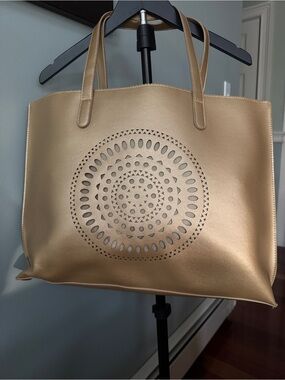 Neiman Marcus Gold Perforated Sunburst Circle Tote